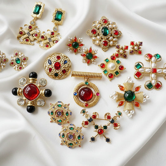 Royal Vintage Brooch with Gold Finish and Gemstones